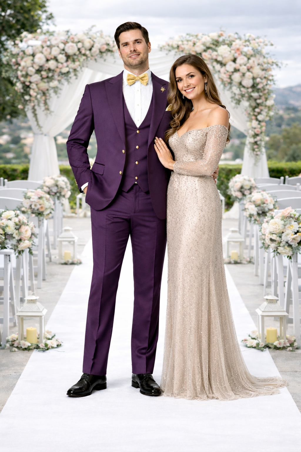 Rossiman Mens Plum Purple Suit – Gold Buttoned Double-Breasted Elegance Modern Fit