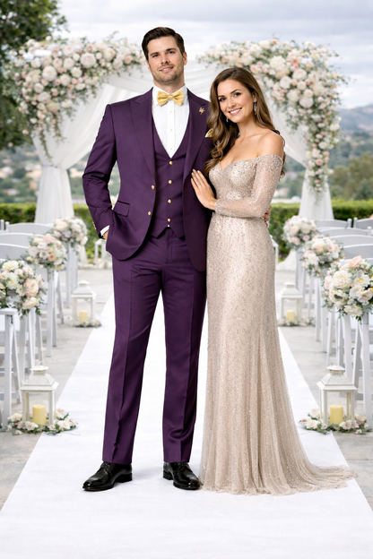Rossiman Mens Plum Purple Suit – Gold Buttoned Double-Breasted Elegance Modern Fit