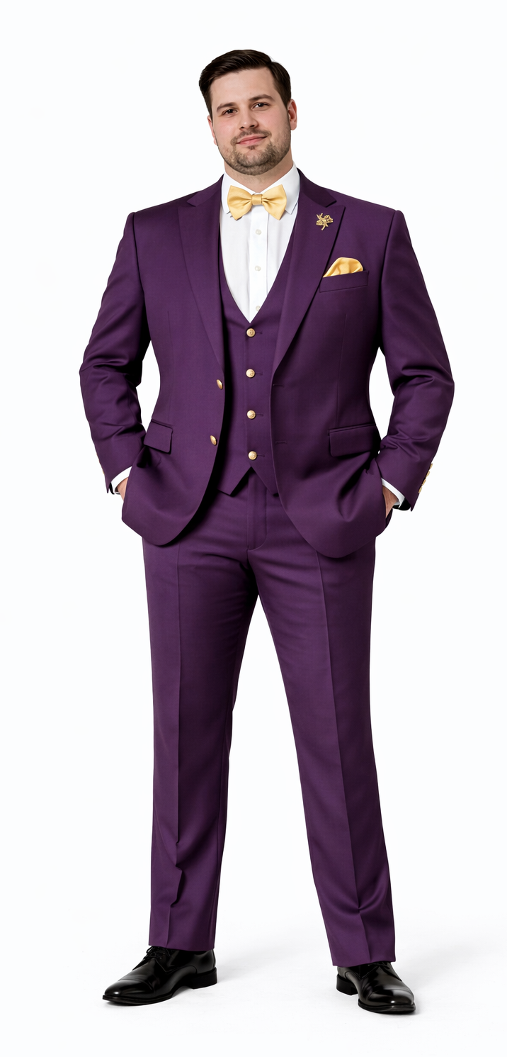 Rossiman Mens Plum Purple Suit – Gold Buttoned Double-Breasted Elegance Modern Fit