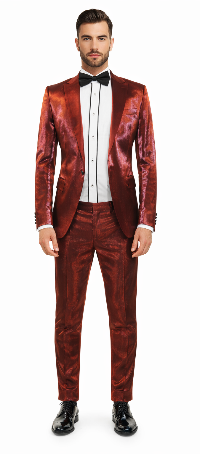 Rossiman Men’s Red Sateen Suit – Glossy Finish Bold Formalwear Modern Fit