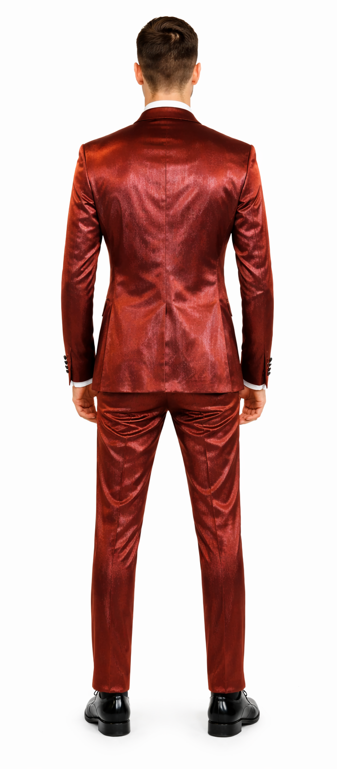 Rossiman Men’s Red Sateen Suit – Glossy Finish Bold Formalwear Modern Fit