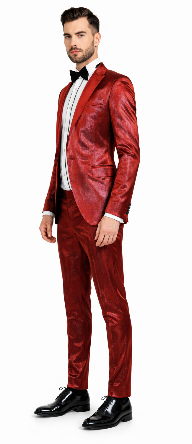 Rossiman Men’s Red Sateen Suit – Glossy Finish Bold Formalwear Modern Fit