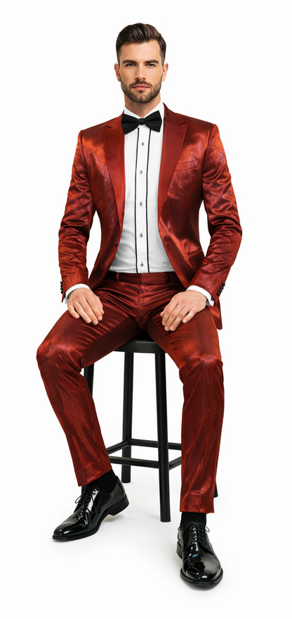 Rossiman Men’s Red Sateen Suit – Glossy Finish Bold Formalwear Modern Fit