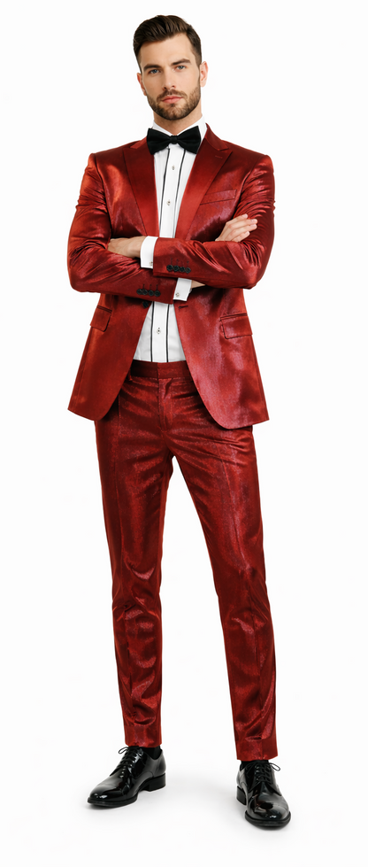 Rossiman Men’s Red Sateen Suit – Glossy Finish Bold Formalwear Modern Fit