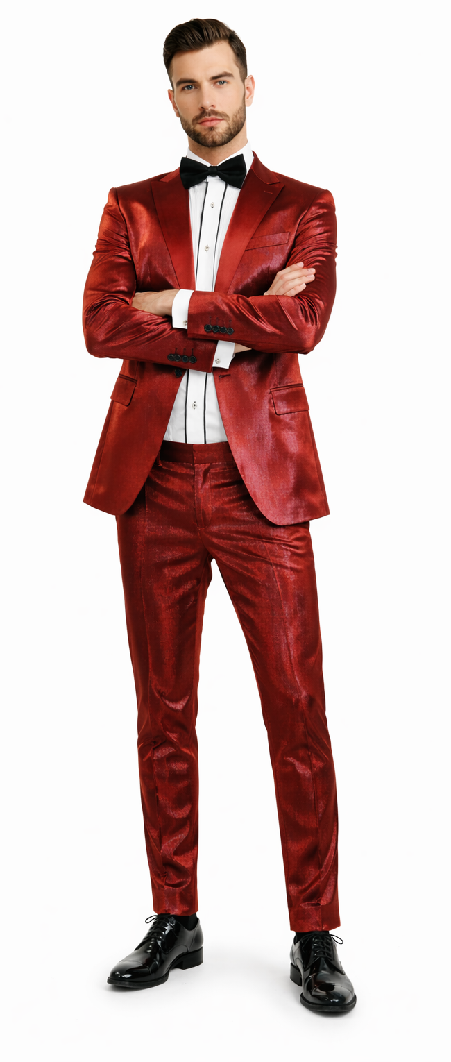 Rossiman Men’s Red Sateen Suit – Glossy Finish Bold Formalwear Modern Fit