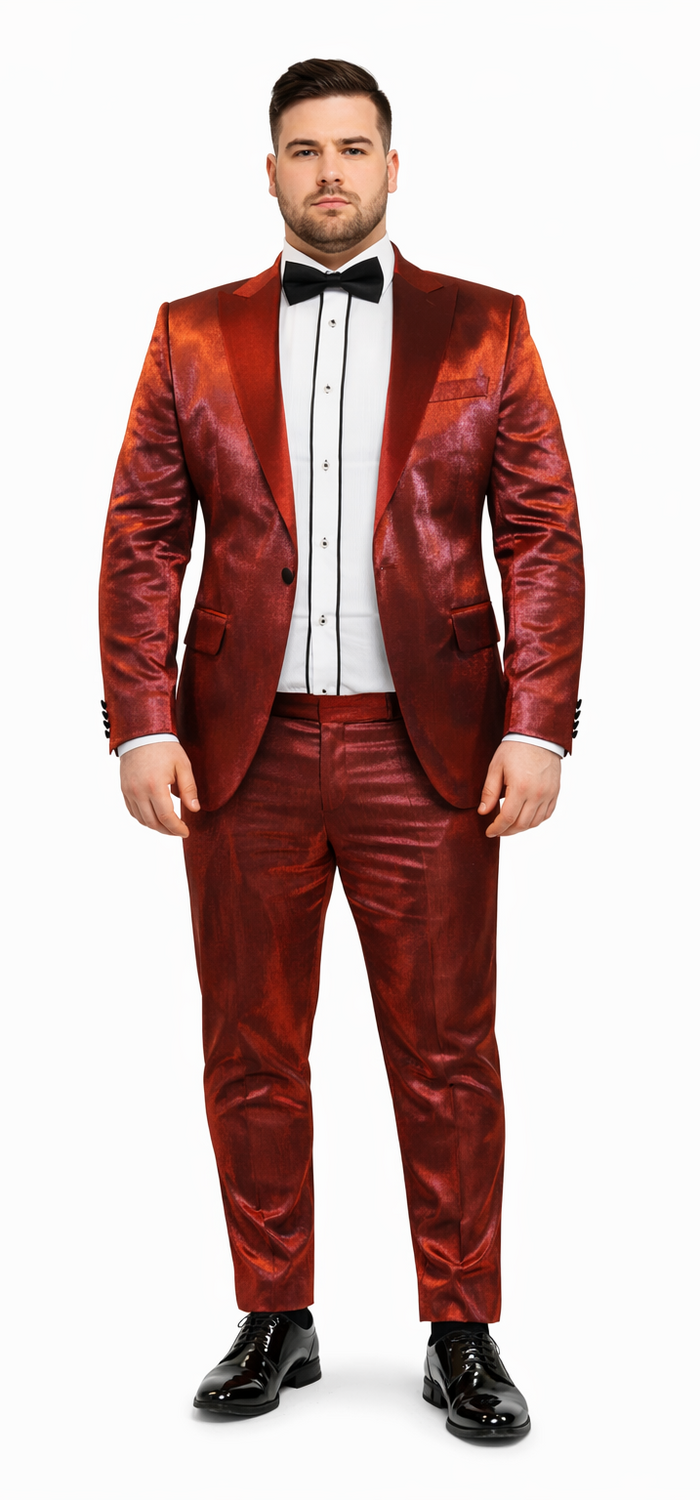 Rossiman Men’s Red Sateen Suit – Glossy Finish Bold Formalwear Modern Fit