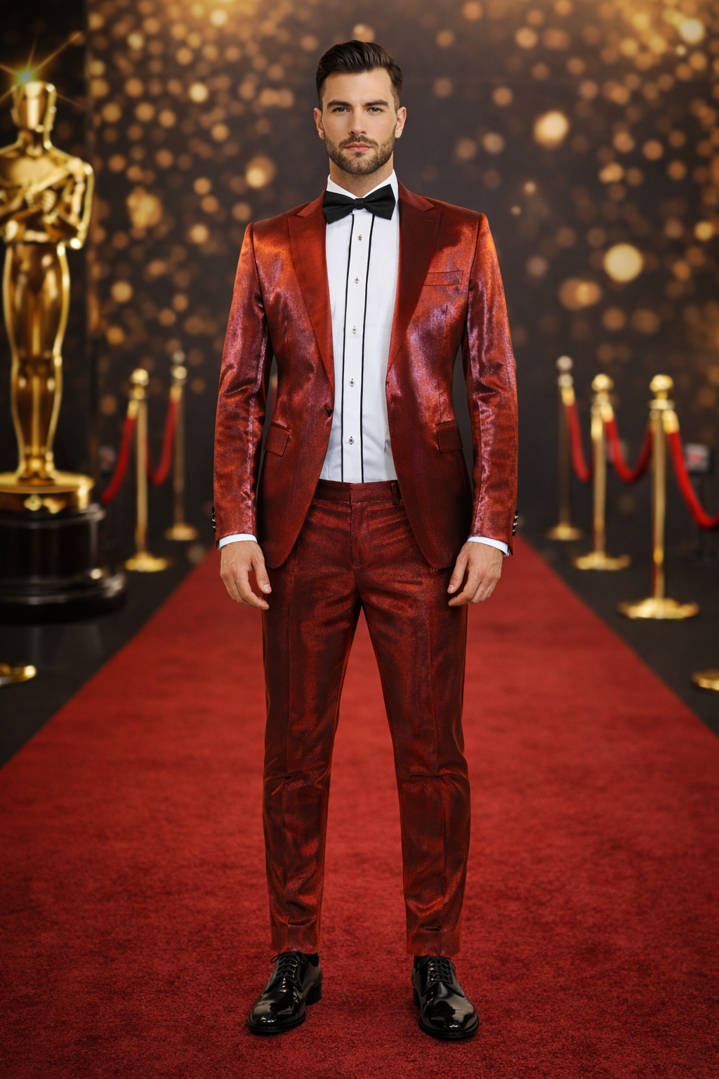 Rossiman Men’s Red Sateen Suit – Glossy Finish Bold Formalwear Modern Fit