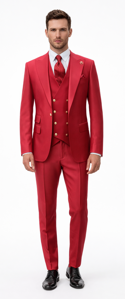 Rossiman Men's Red Suit – Stylish 1-Button Peak Lapel Jacket & Double-Breasted Vest Modern Fit