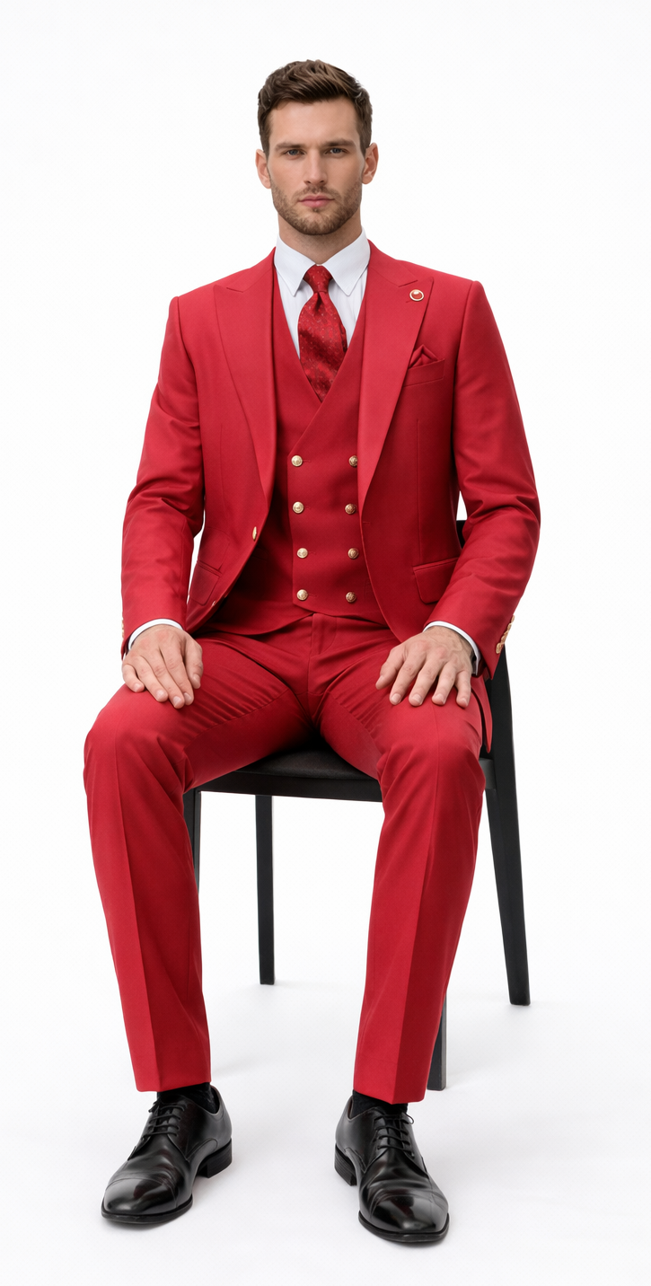 Rossiman Men's Red Suit – Stylish 1-Button Peak Lapel Jacket & Double-Breasted Vest Modern Fit