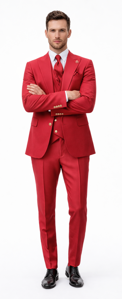 Rossiman Men's Red Suit – Stylish 1-Button Peak Lapel Jacket & Double-Breasted Vest Modern Fit
