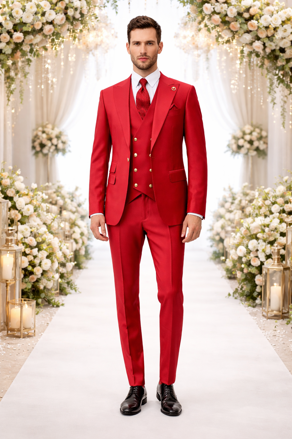Rossiman Men's Red Suit – Stylish 1-Button Peak Lapel Jacket & Double-Breasted Vest Modern Fit