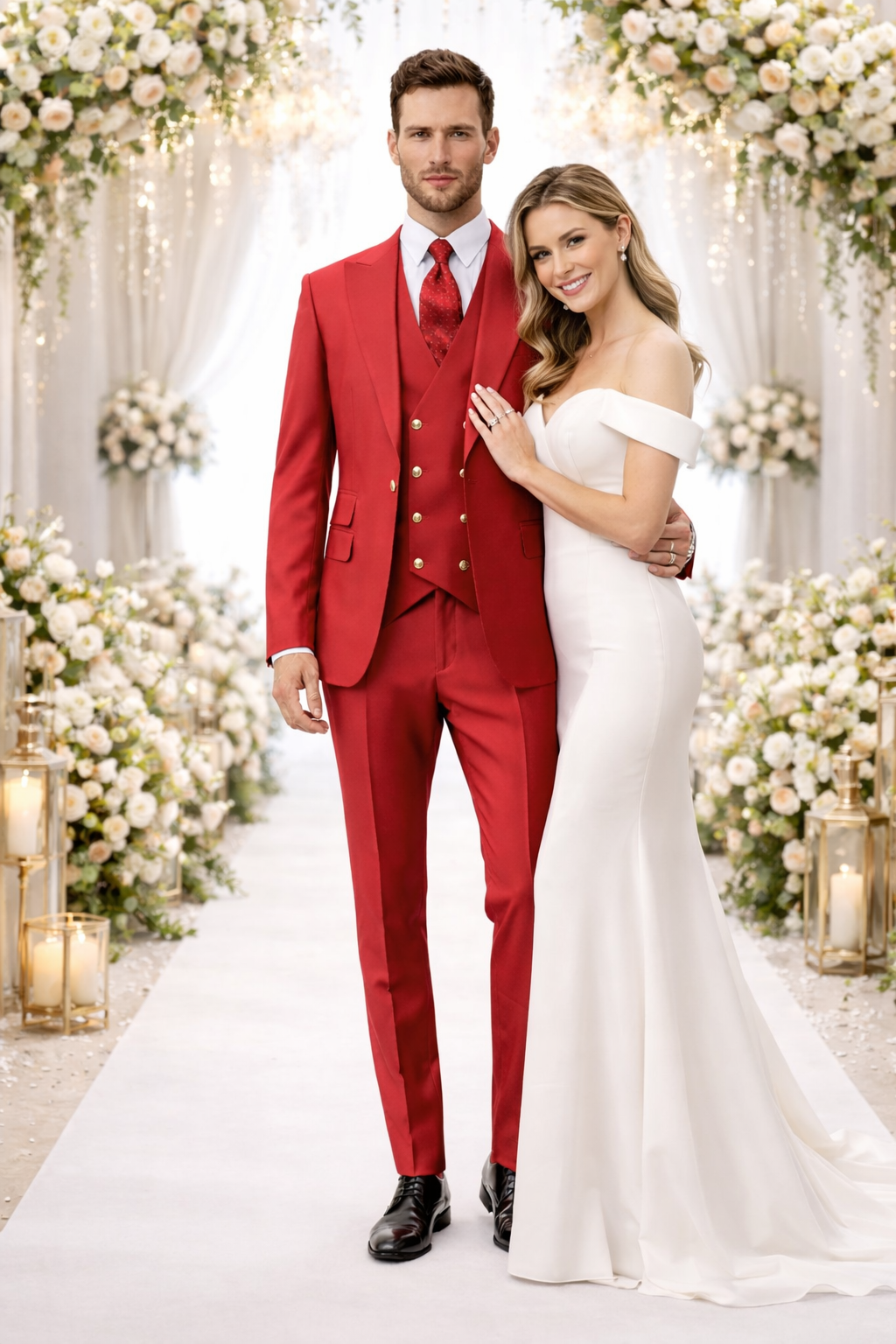 Rossiman Men's Red Suit – Stylish 1-Button Peak Lapel Jacket & Double-Breasted Vest Modern Fit