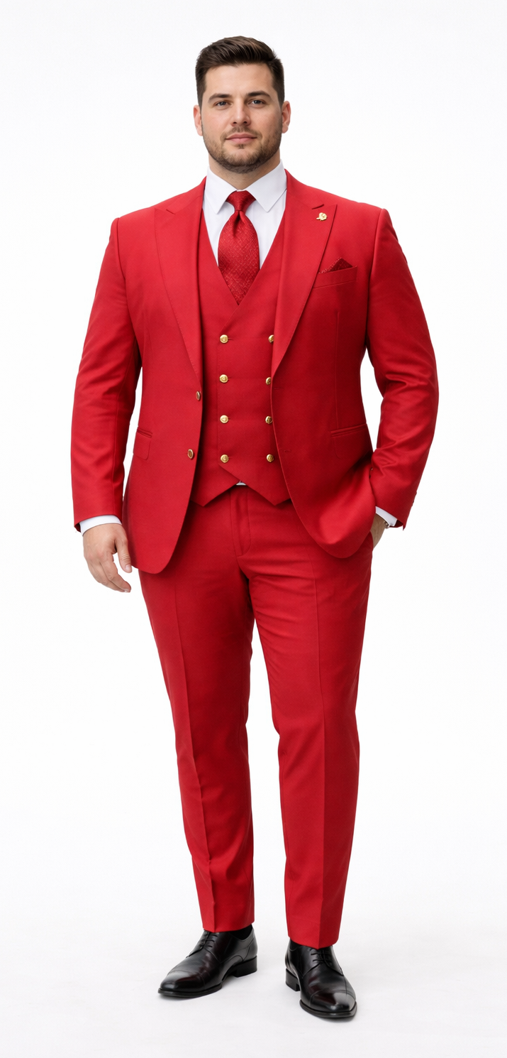 Rossiman Men's Red Suit – Stylish 1-Button Peak Lapel Jacket & Double-Breasted Vest Modern Fit