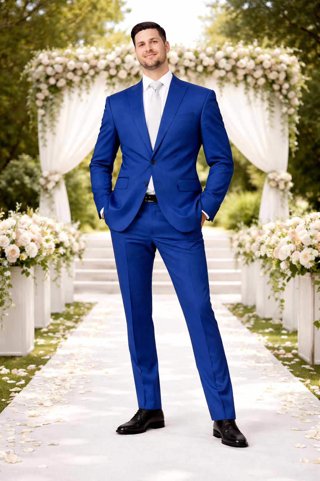 Rossiman Men’s Royal Blue Glossy Sateen Suit – Bold & Refined Look  Modern Fit