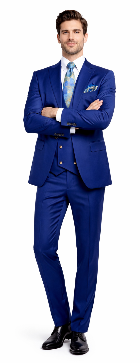 Rossiman Men’s Royal Blue Slim Fit Suit – Sophisticated Double-Breasted Design