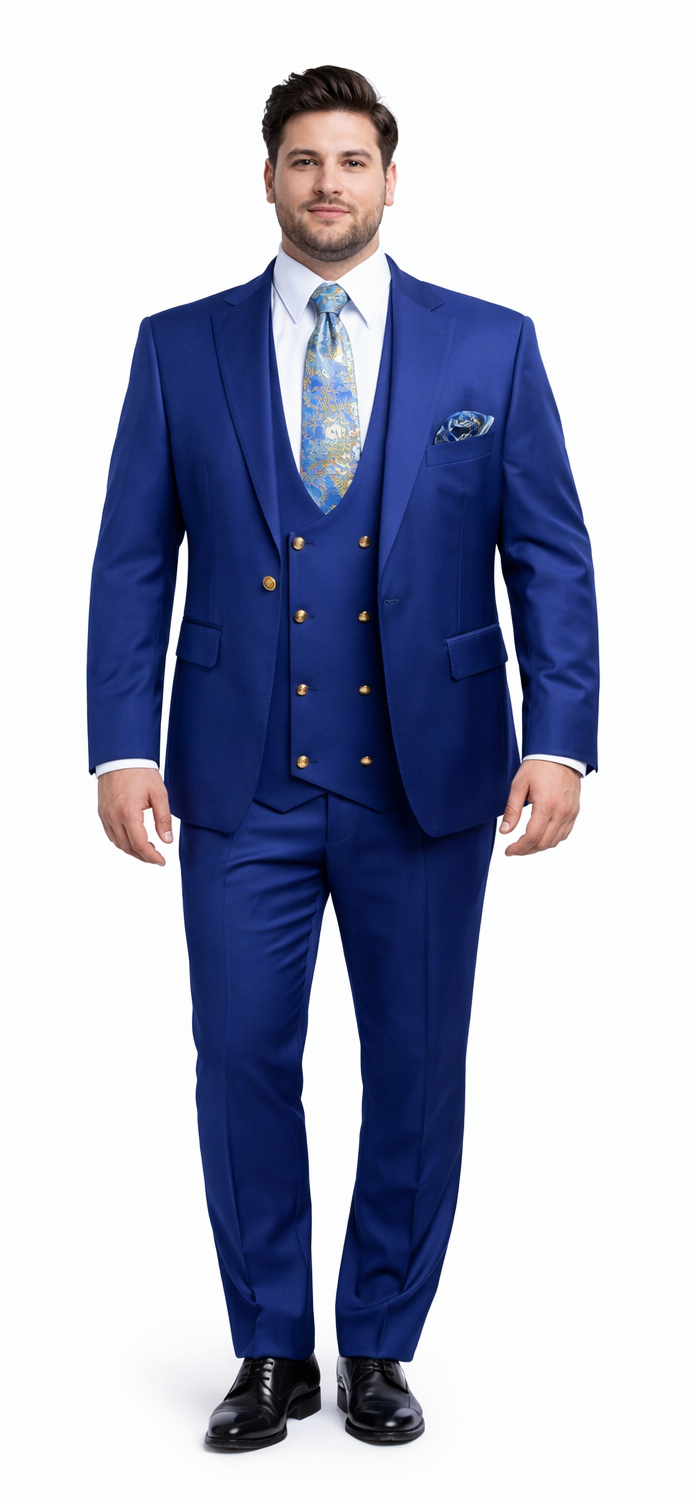 Rossiman Men’s Royal Blue Slim Fit Suit – Sophisticated Double-Breasted Design