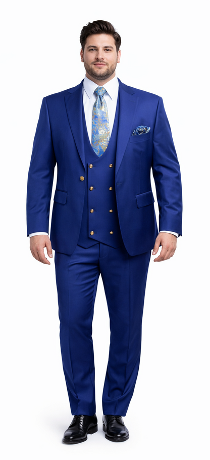 Rossiman Men’s Royal Blue Slim Fit Suit – Sophisticated Double-Breasted Design