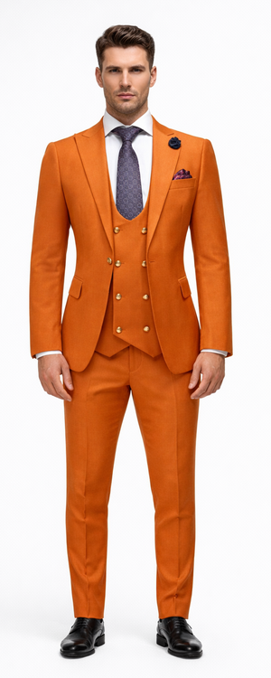 Rossiman Men's Rust Slim Fit Suit – 3-Piece Set with Double-Breasted Vest & Flat Front Pants