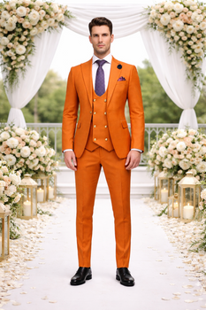 Rossiman Men's Rust Slim Fit Suit – 3-Piece Set with Double-Breasted Vest & Flat Front Pants