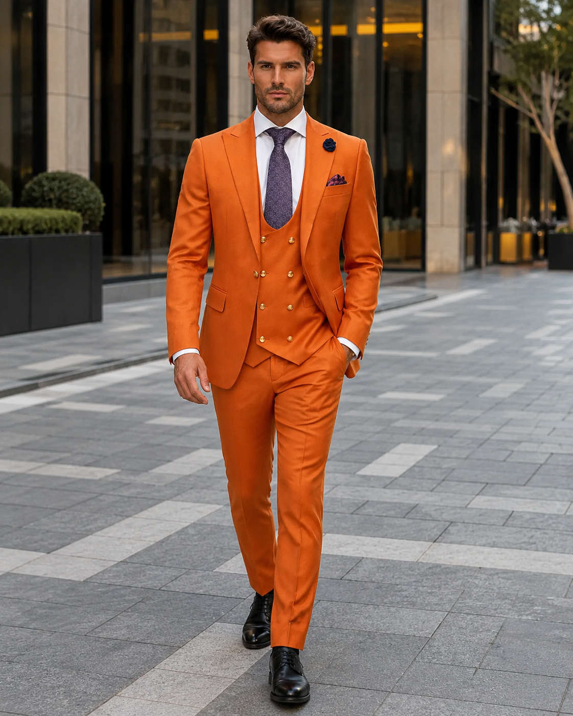 Rossiman Men's Rust Slim Fit Suit – 3-Piece Set with Double-Breasted Vest & Flat Front Pants