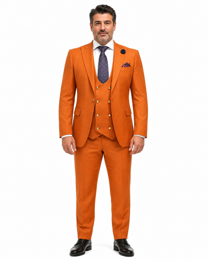 Rossiman Men's Rust Slim Fit Suit – 3-Piece Set with Double-Breasted Vest & Flat Front Pants