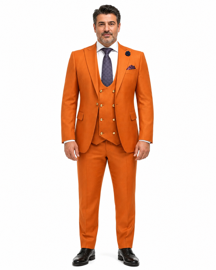 Rossiman Men's Rust Slim Fit Suit – 3-Piece Set with Double-Breasted Vest & Flat Front Pants