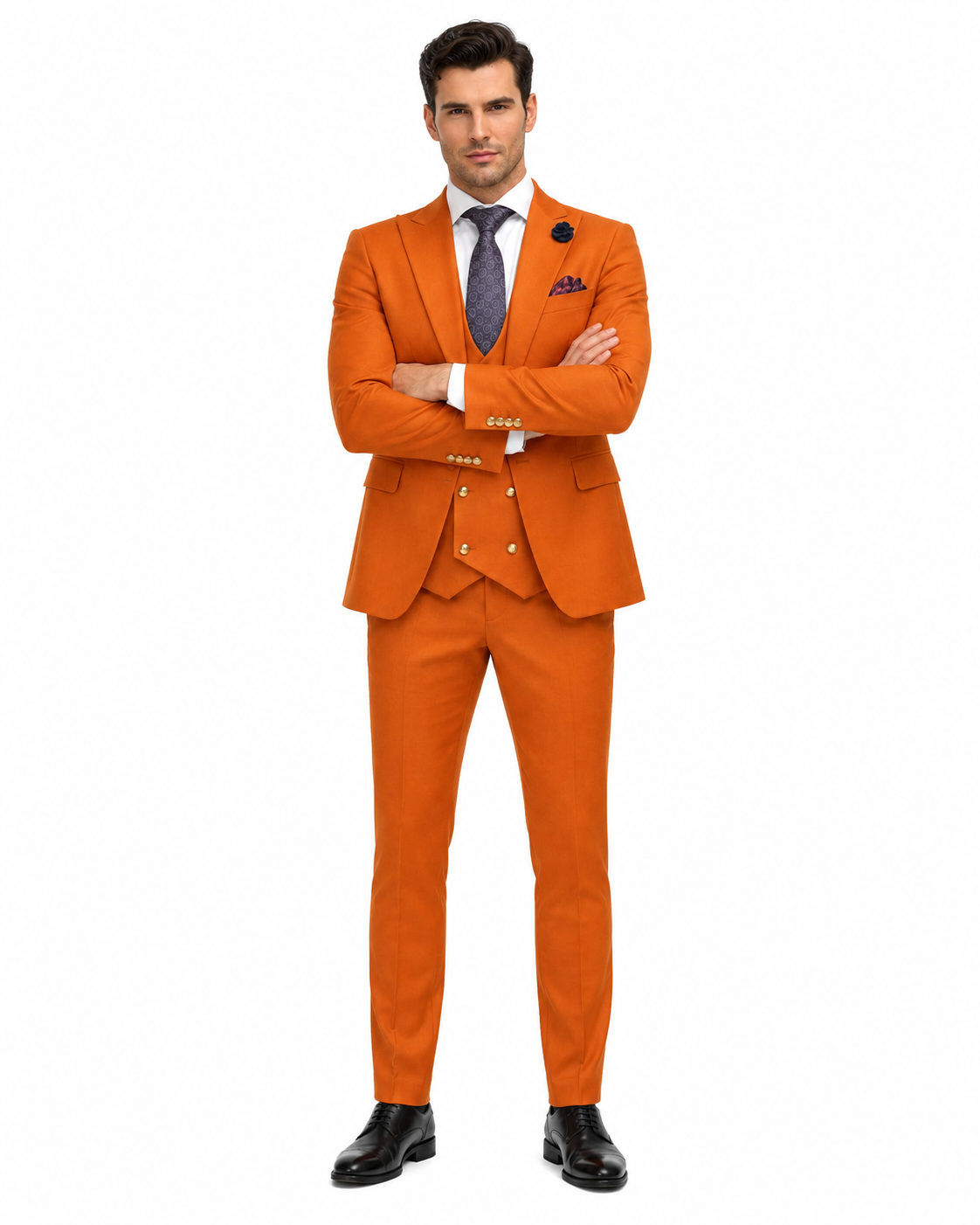 Rossiman Men's Rust Slim Fit Suit – 3-Piece Set with Double-Breasted Vest & Flat Front Pants