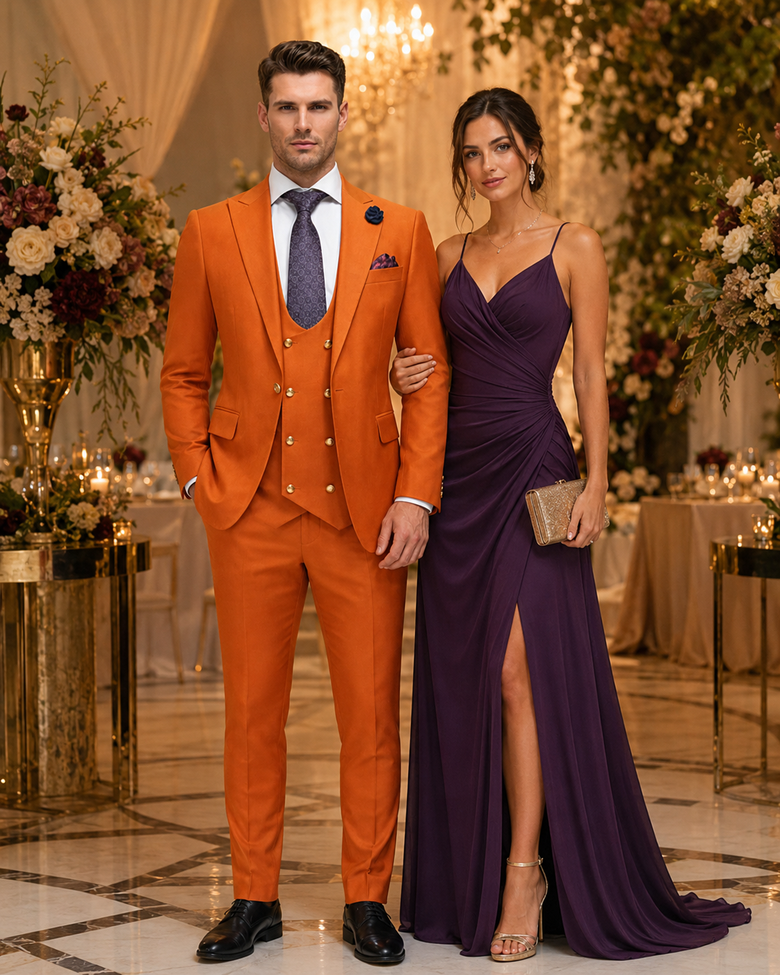 Rossiman Men's Rust Slim Fit Suit – 3-Piece Set with Double-Breasted Vest & Flat Front Pants