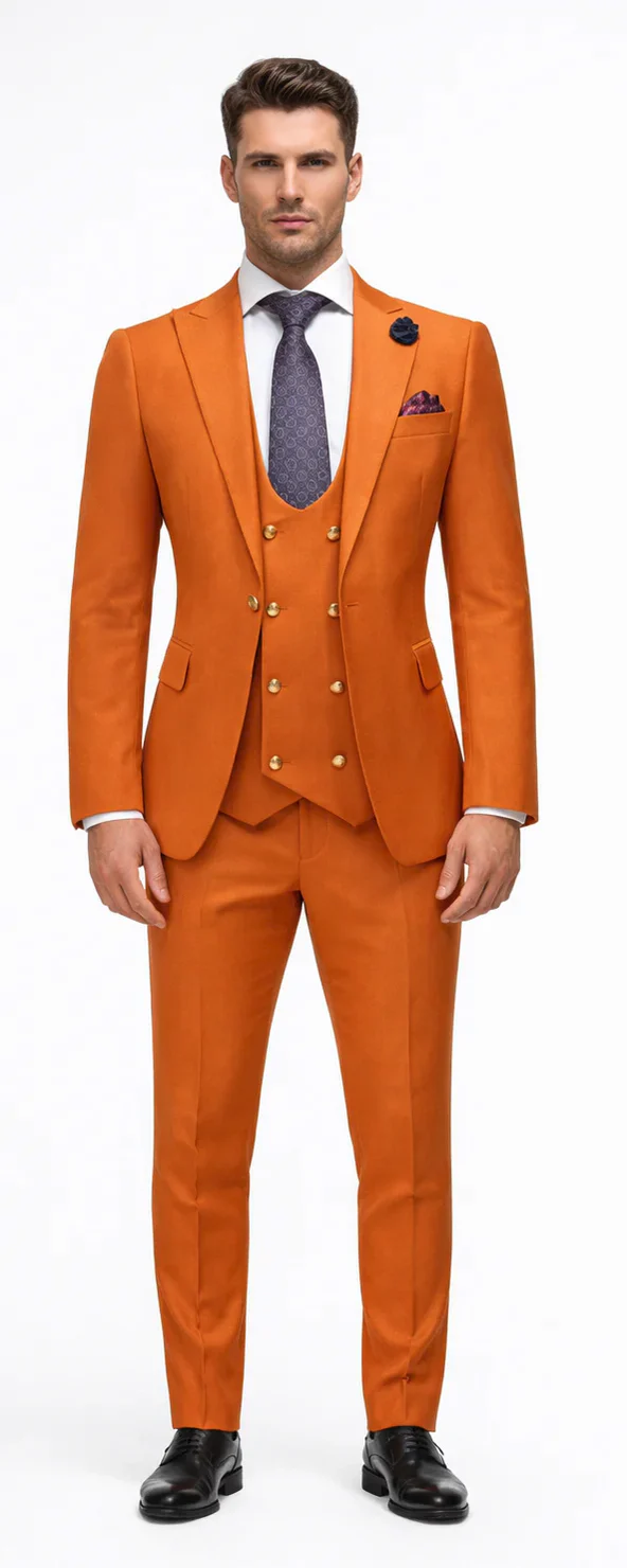 Rossiman Men's Rust Slim Fit Suit – 3-Piece Set with Double-Breasted Vest & Flat Front Pants