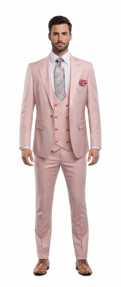 Rossiman Men's Slim Fit Pink Suit – Elegant Double-Breasted Vest & Tailored Flat Front Pants