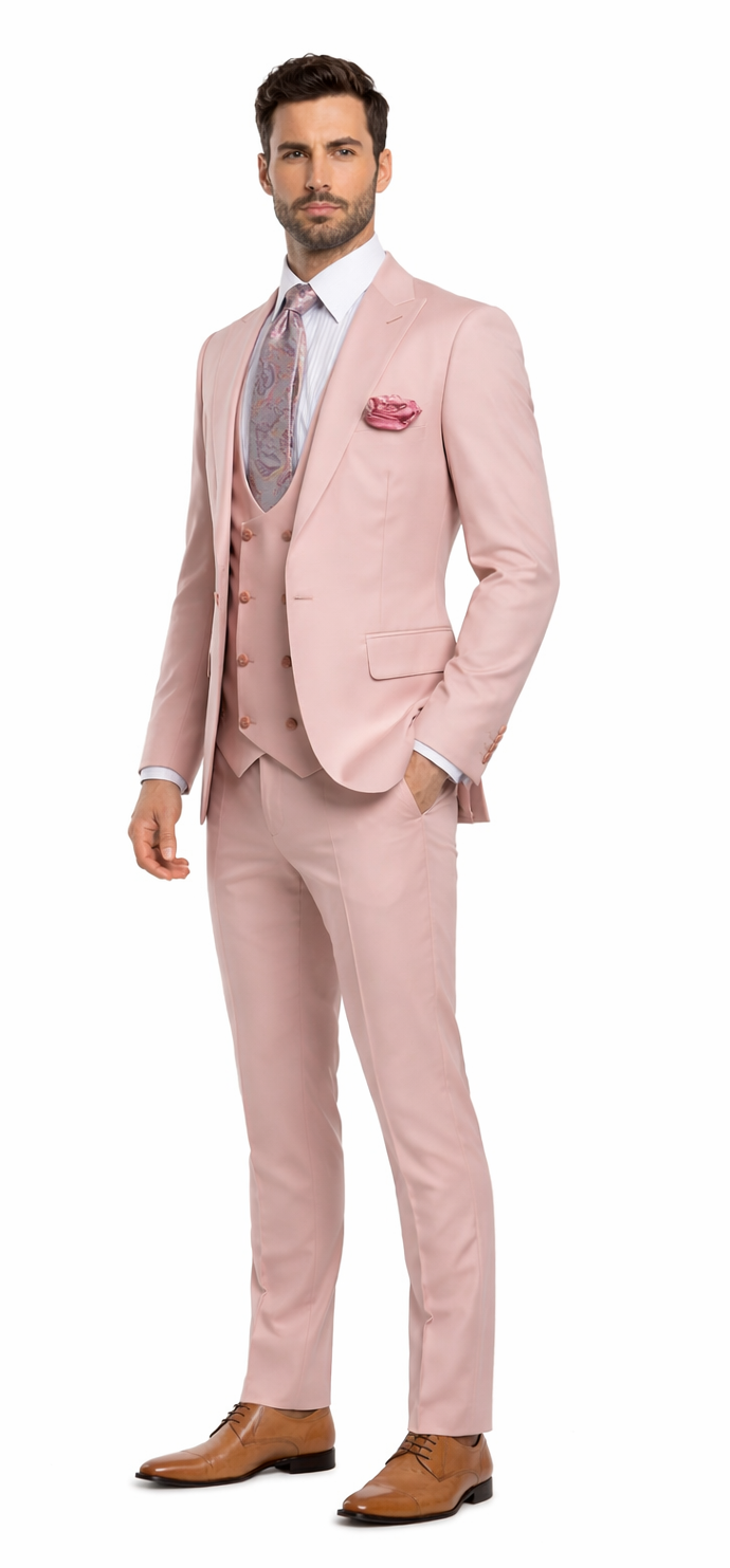 Rossiman Men's Slim Fit Pink Suit – Elegant Double-Breasted Vest & Tailored Flat Front Pants
