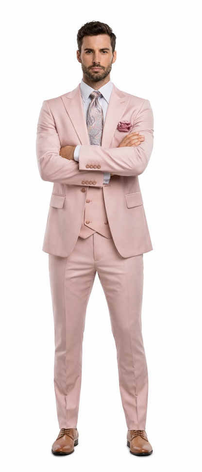 Rossiman Men's Slim Fit Pink Suit – Elegant Double-Breasted Vest & Tailored Flat Front Pants