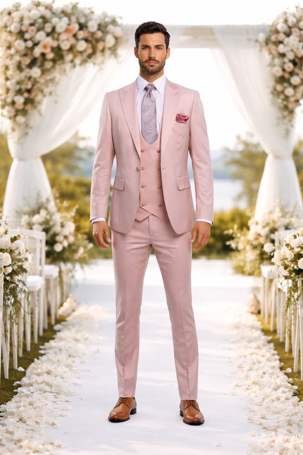 Rossiman Men's Slim Fit Pink Suit – Elegant Double-Breasted Vest & Tailored Flat Front Pants
