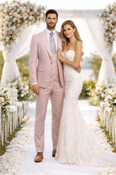 Rossiman Men's Slim Fit Pink Suit – Elegant Double-Breasted Vest & Tailored Flat Front Pants
