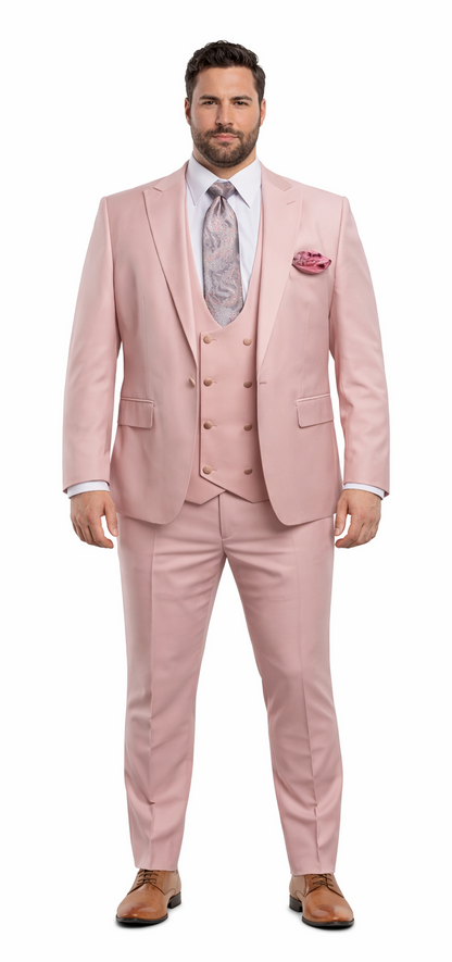 Rossiman Men's Slim Fit Pink Suit – Elegant Double-Breasted Vest & Tailored Flat Front Pants