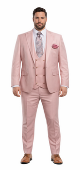 Rossiman Men's Slim Fit Pink Suit – Elegant Double-Breasted Vest & Tailored Flat Front Pants