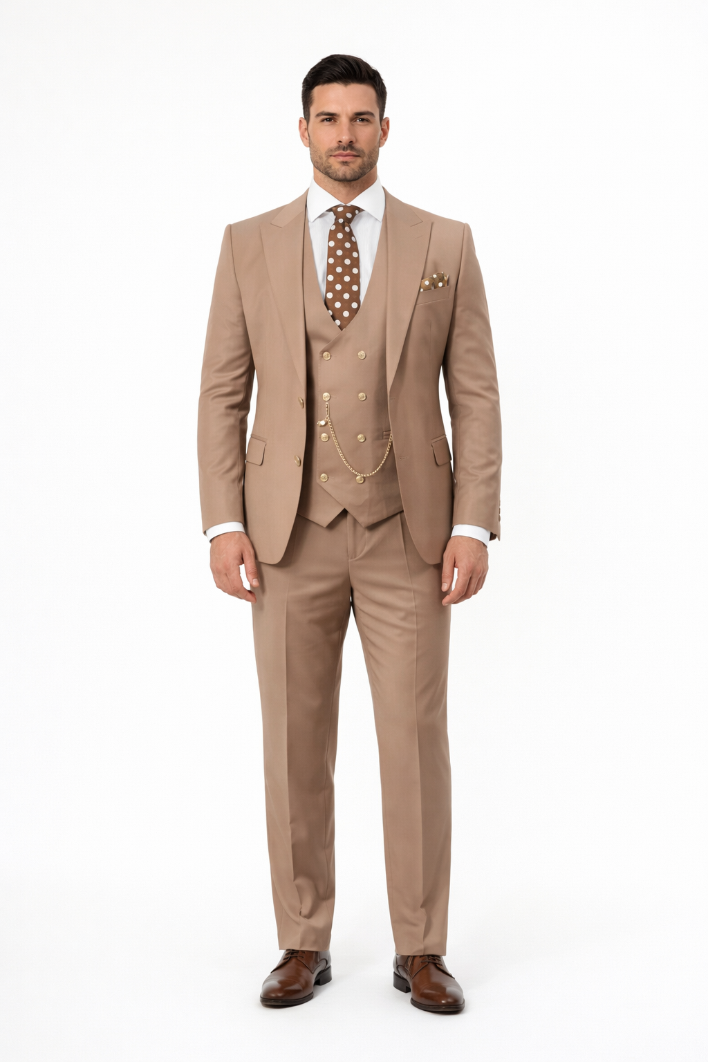 Rossiman Men’s Tan Suit – Gold Buttons & Double-Breasted Vest Elegance