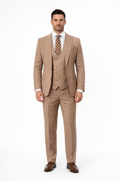 Rossiman Men’s Tan Suit – Gold Buttons & Double-Breasted Vest Elegance