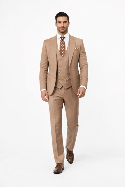 Rossiman Men’s Tan Suit – Gold Buttons & Double-Breasted Vest Elegance