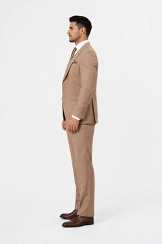 Rossiman Men’s Tan Suit – Gold Buttons & Double-Breasted Vest Elegance