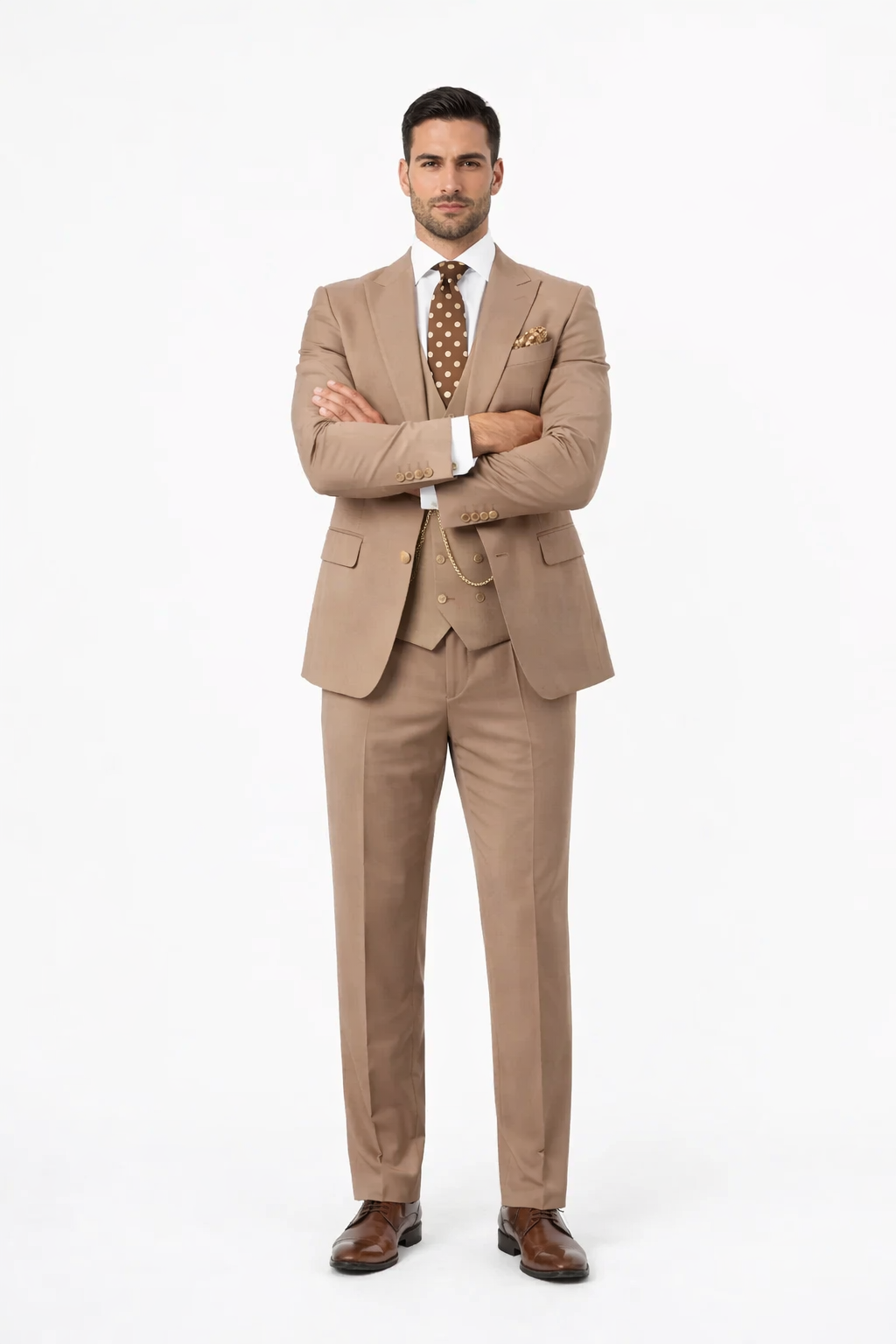 Rossiman Men’s Tan Suit – Gold Buttons & Double-Breasted Vest Elegance