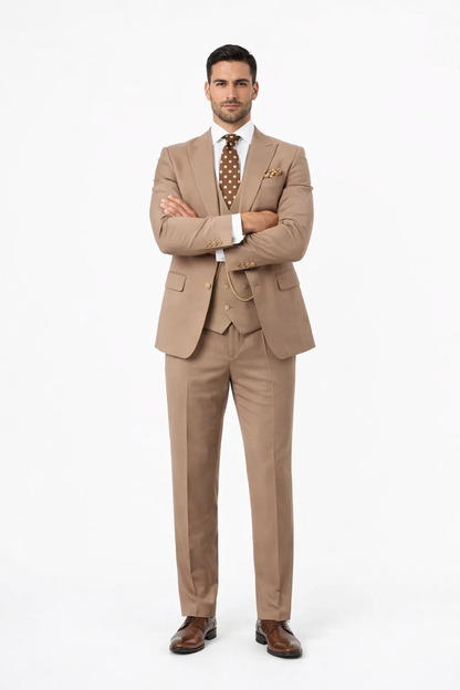 Rossiman Men’s Tan Suit – Gold Buttons & Double-Breasted Vest Elegance