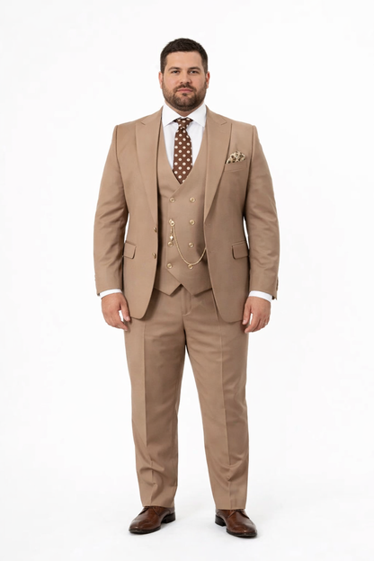 Rossiman Men’s Tan Suit – Gold Buttons & Double-Breasted Vest Elegance