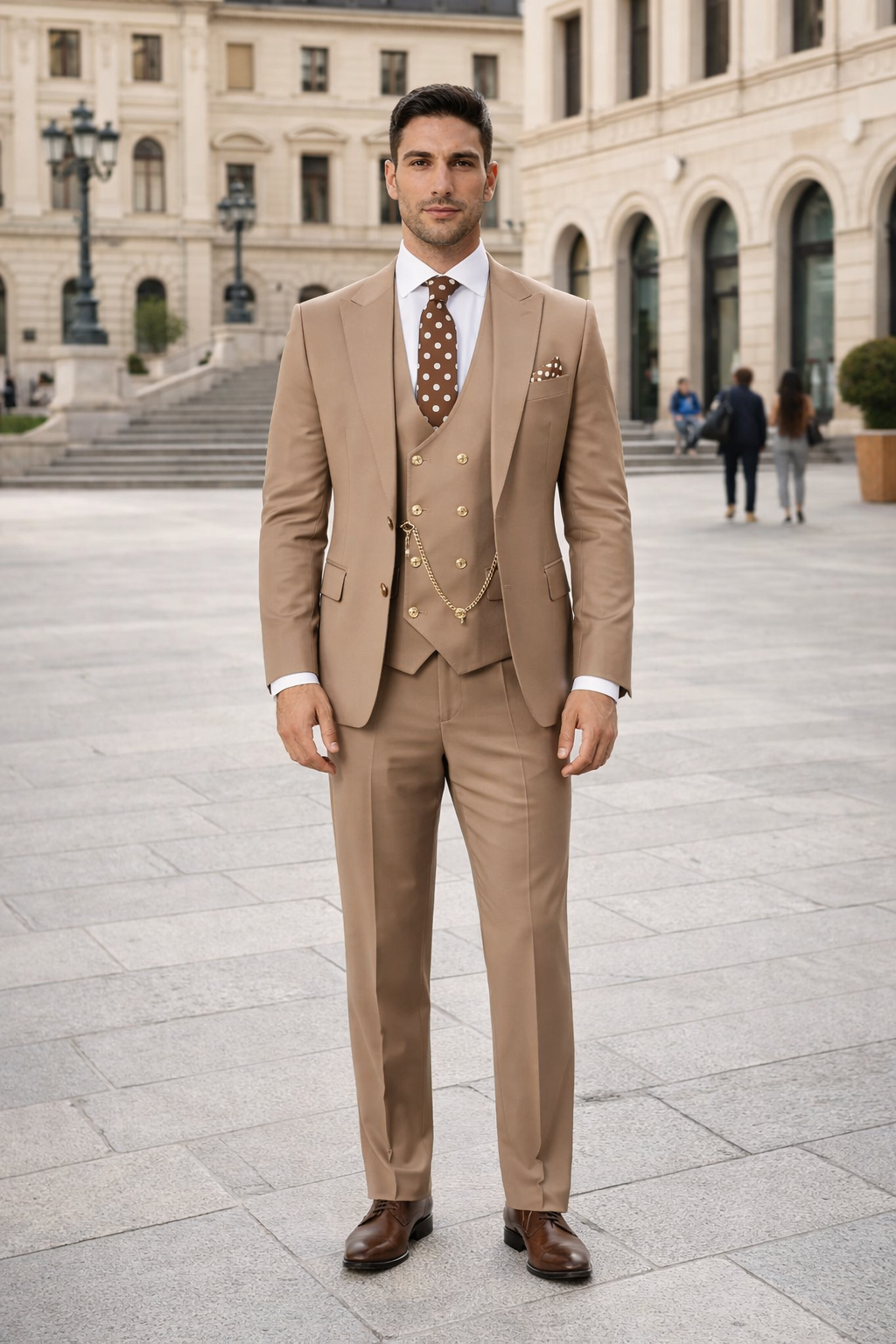 Rossiman Men’s Tan Suit – Gold Buttons & Double-Breasted Vest Elegance