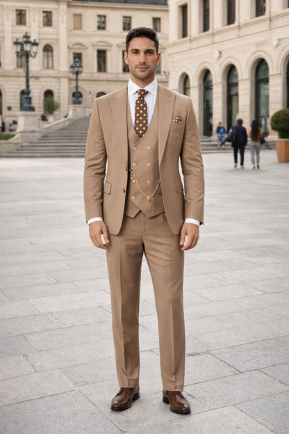 Rossiman Men’s Tan Suit – Gold Buttons & Double-Breasted Vest Elegance
