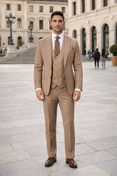 Rossiman Men’s Tan Suit – Gold Buttons & Double-Breasted Vest Elegance