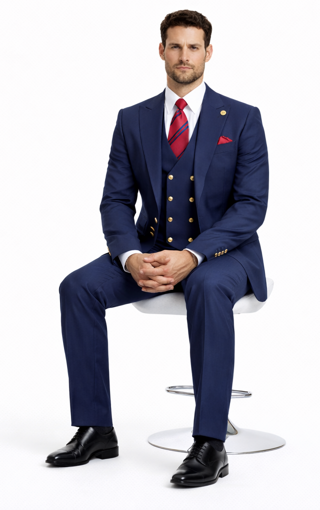 Rossiman Navy Blue Suit for Men – Classic 1-Button Peak Lapel Jacket & Double-Breasted Vest