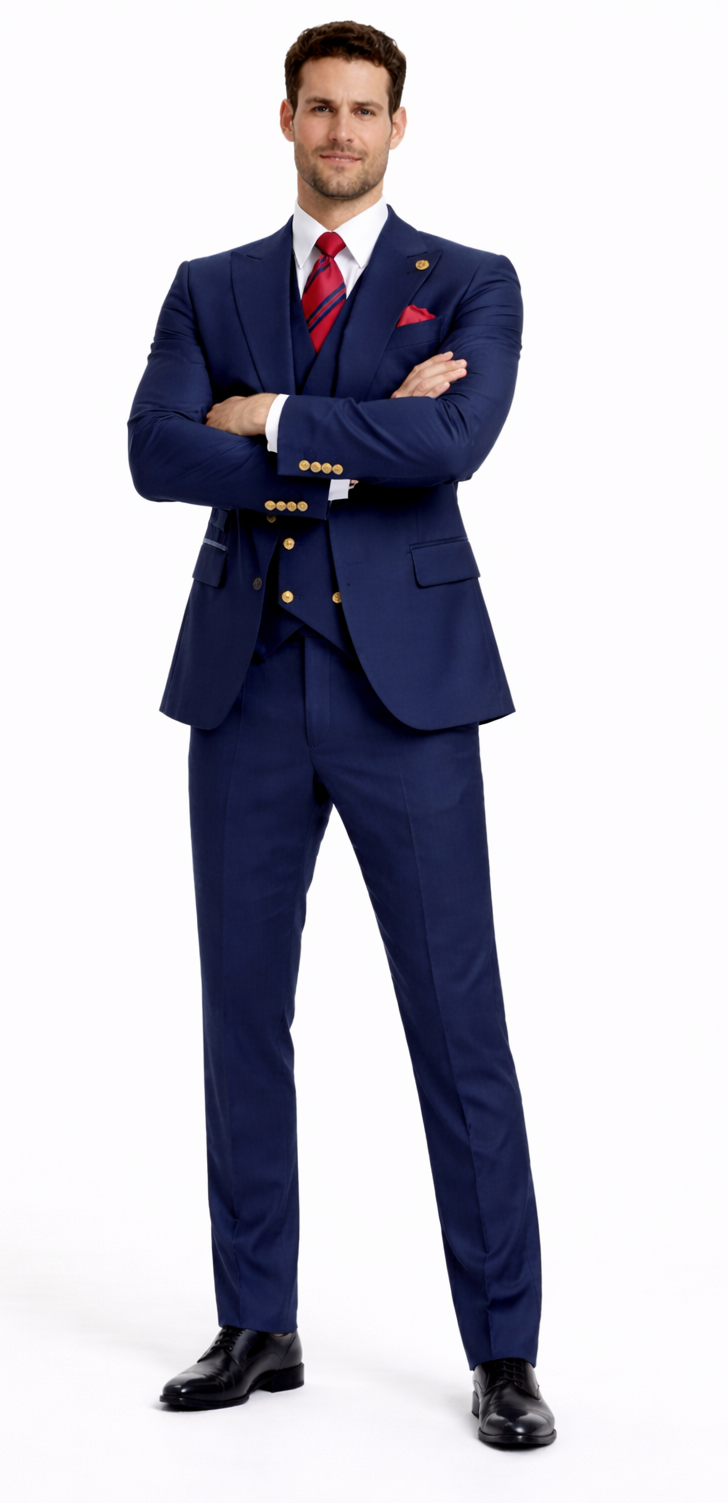 Rossiman Navy Blue Suit for Men – Classic 1-Button Peak Lapel Jacket & Double-Breasted Vest