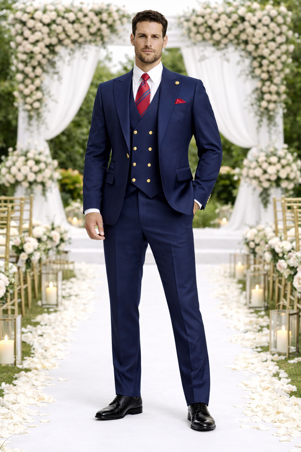 Rossiman Navy Blue Suit for Men – Classic 1-Button Peak Lapel Jacket & Double-Breasted Vest