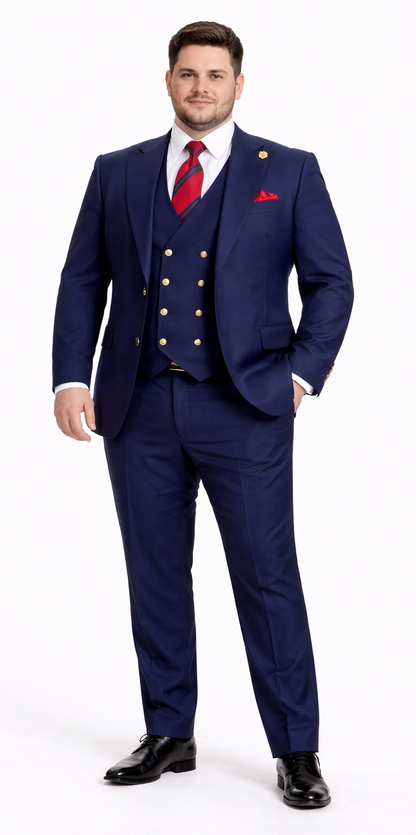 Rossiman Navy Blue Suit for Men – Classic 1-Button Peak Lapel Jacket & Double-Breasted Vest